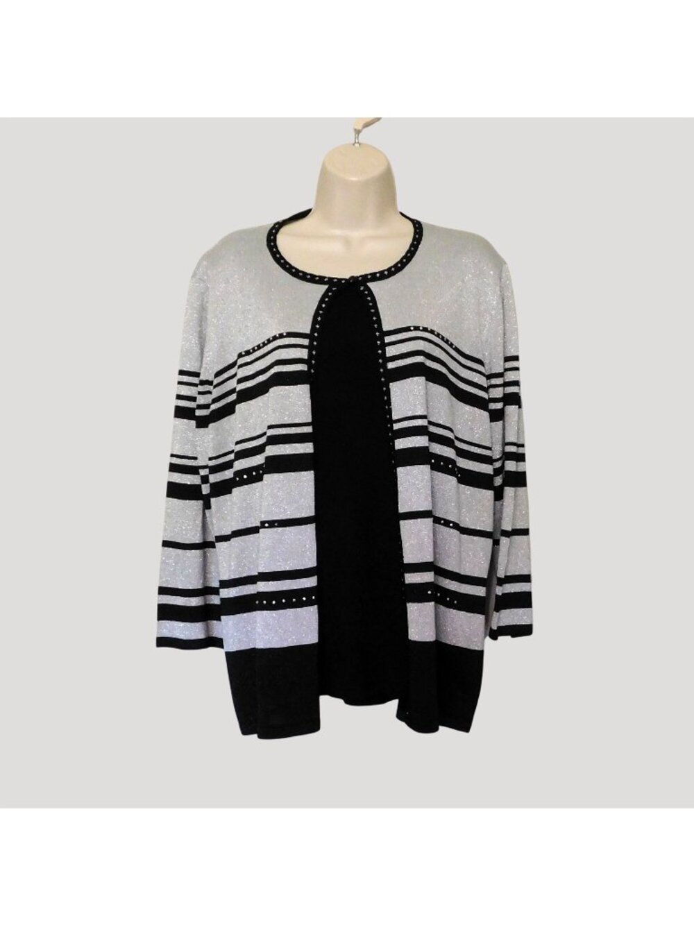 Alfred Dunner Striped Metallic Jacket Attached Shell XL Black Silver Long Sleeve